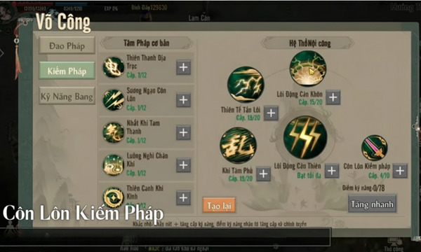 Cách tăng điểm tiềm năng, skill của Côn Lôn Kiếm vltk mobile