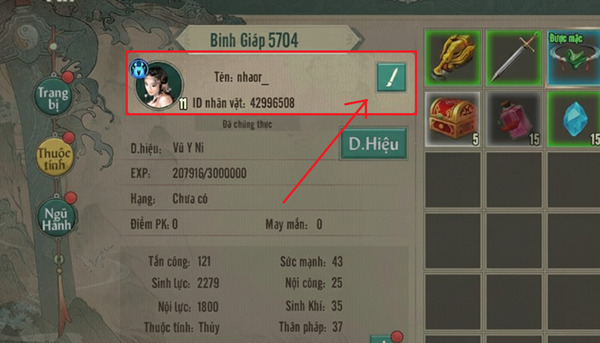 Chọn biểu tượng cây bút để đổi tên nhân vật