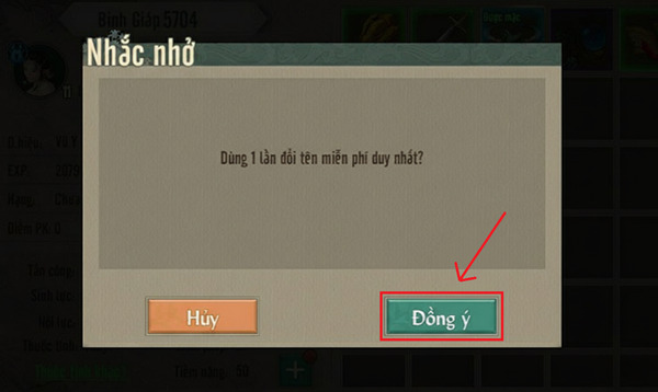 Nhấn đồng ý để hoàn tất quá trình đổi tên nhân vật
