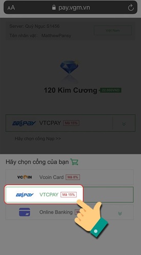 Bước 1 - Nạp bằng VTC PAY - Game mu đại thiên sứ h5