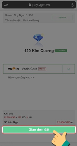 Bước 2 - Nạp bằng thẻ Vcoin - Game mu đại thiên sứ h5