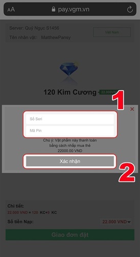 Bước 3 - Nạp bằng thẻ Vcoin - Game mu đại thiên sứ h5