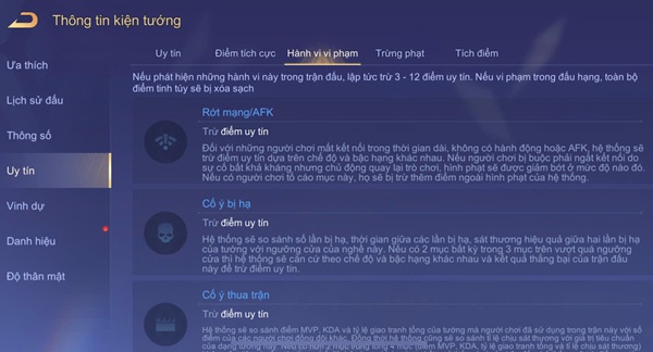 Các hành vị bị trừ điểm uy tín trong liên quân