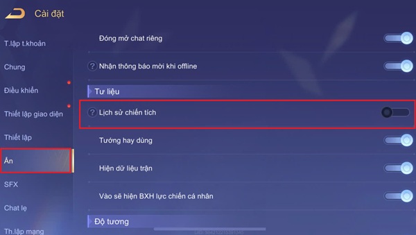 Cách ẩn lịch sử đấu liên quân