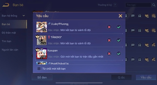 Chấp nhận lời mời kết bạn liên quân